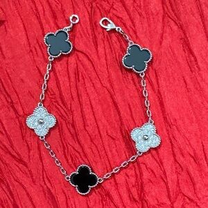 Clover bracelet 925 silver 18k white gold plated 15mm clover black onyx cz 19cm